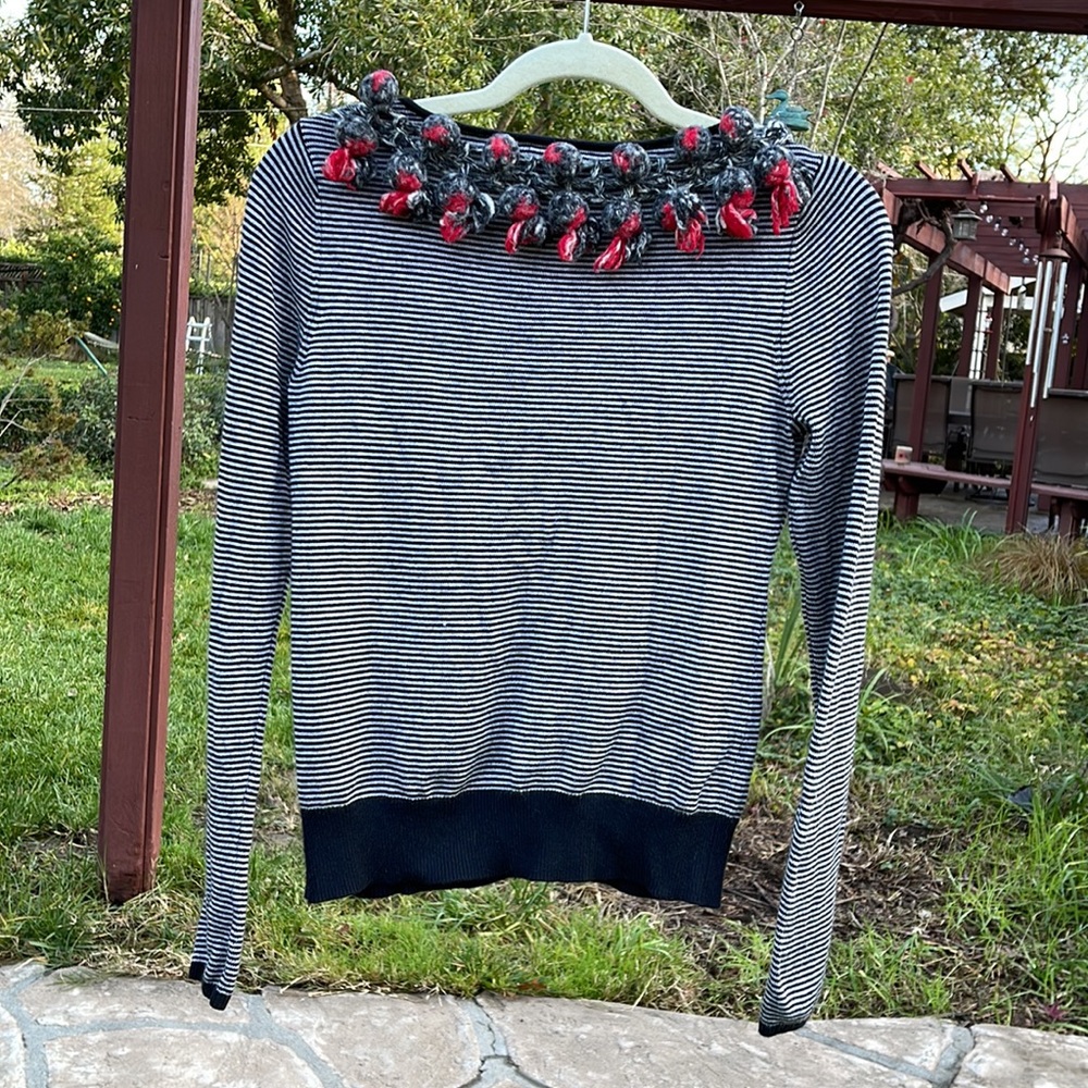 ❤️ ANTHROPOLOGIE; Piled Black/White Stripes w/Pom Poms Cardigan by Karen Nicol S - Picture 8 of 15